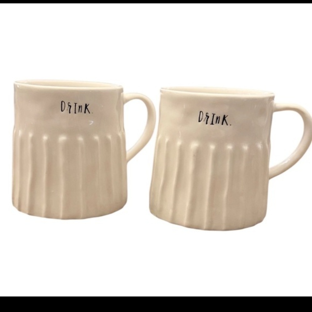 Set of 2 Rae Dunn Mug "DRINK" Coffee Cup  Embossed Ribbed Script EUC RARE F